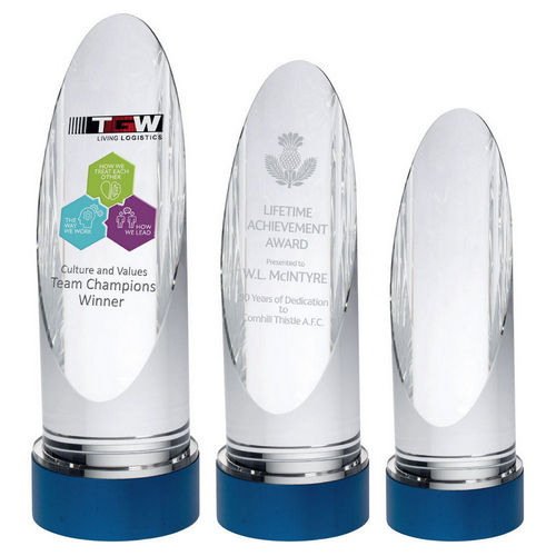 CLEAR GLASS ROUND COLUMN ON BLUE METAL BASE (70mm DIAMETER)