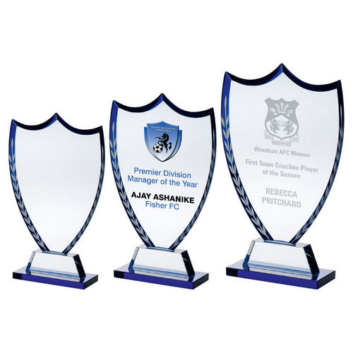 CLEAR GLASS SHIELD WITH BLUE EDGE AND FROSTED WREATH (10mm THICK)