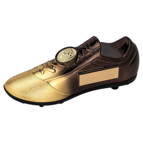 FILLED PLASTIC FOOTBALLL BOOT IN GOLD/BLACK WITH PLATE (1" CEN)