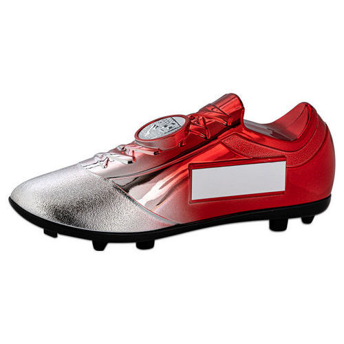 FILLED PLASTIC FOOTBALLL BOOT IN SILVER/RED WITH PLATE (1" CEN)