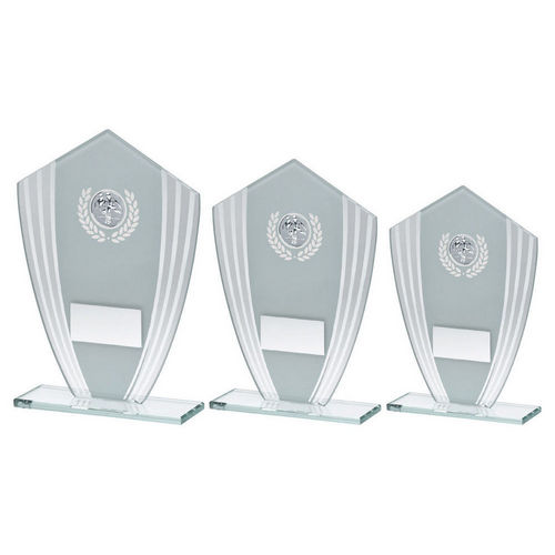 WHITE/SILVER GLASS SHIELD PLAQUE WITH FOOTBALL INSERT & PLATE