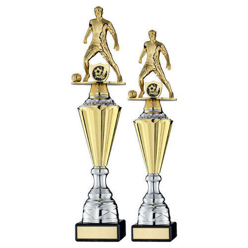 GOLD PLASTIC MALE FOOTBALL FIGURE ON GOLD/SILVER TROPHY (1in CEN)