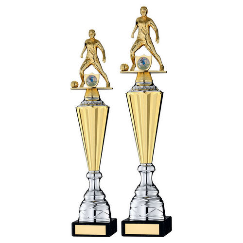 GOLD PLASTIC FEMALE FOOTBALL FIGURE ON GOLD/SILVER TROPHY (1in CEN)