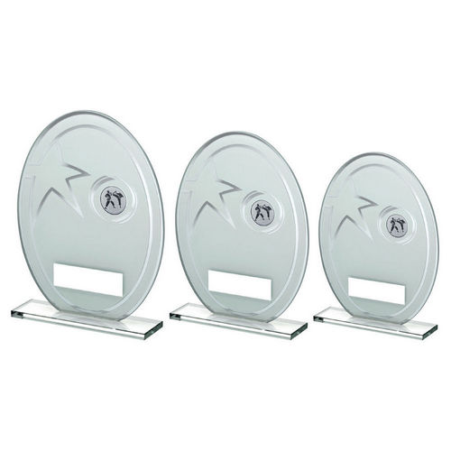 WHITE/SILVER PRINTED GLASS OVAL WITH KARATE INSERT AND PLATE
