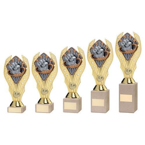 GOLD PLASTIC HOLDER + MARTIAL ARTS DISC ON CREAM MARBLE TROPHY (1in CEN)