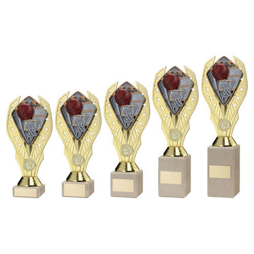 GOLD PLASTIC HOLDER + BASKETBALL DISC ON CREAM MARBLE TROPHY (1in CEN)
