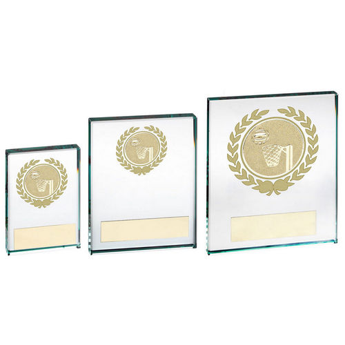 JADE/GOLD GLASS BLOCK WITH NETBALL INSERT AND PLATE