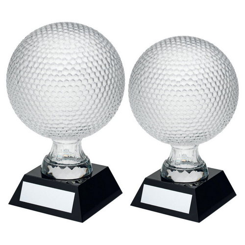 CLEAR GLASS GOLF BALL ON BLACK BASE WITH PLATE 