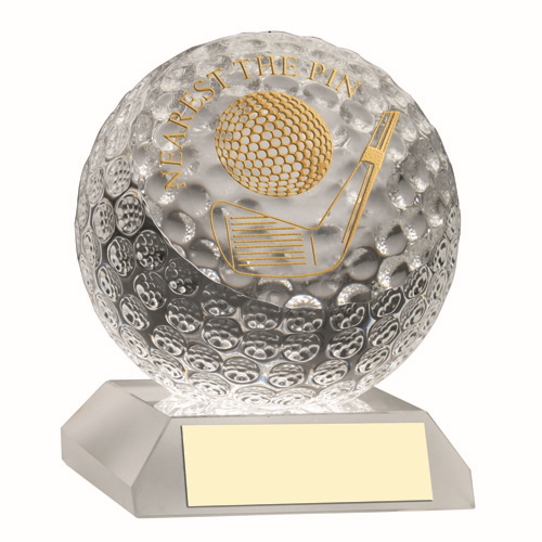 CLEAR GLASS GOLF BALL WITH PLATE NEAREST THE PIN