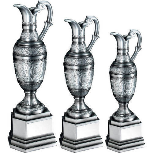 PAINTED SILVER GOLF 'CLARET JUG' WITH PLATE 