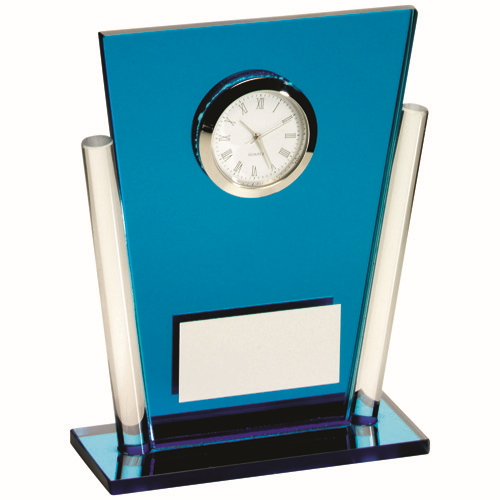 BLUE/CLEAR GLASS TAPERED RECTANGLE CLOCK WITH PLATE 