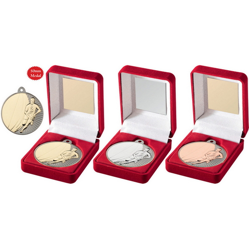 RED VELVET BOX AND 50mm RUGBY MEDAL TROPHY 