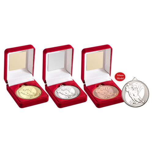 RED VELVET BOX AND 50mm MEDAL RUGBY TROPHY 