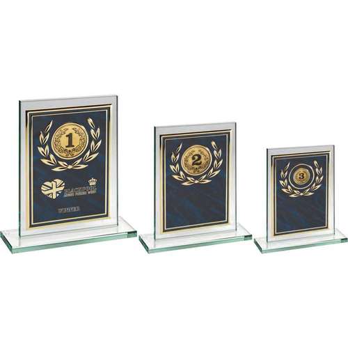 JADE GLASS PLAQUE WITH BLUE/GOLD ALUMINIUM FRONT TROPHY