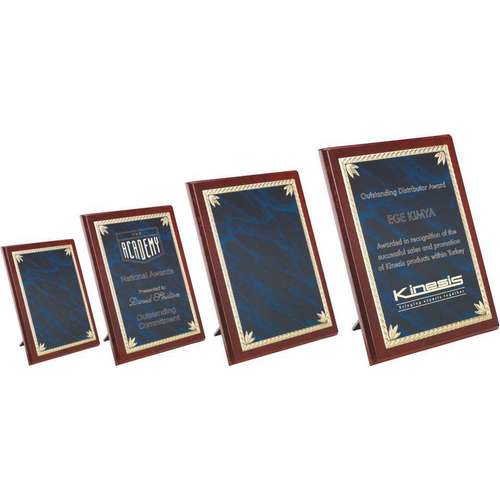 ROSEWOOD PLAQUE WITH BLUE/GOLD ALUMINIUM FRONT