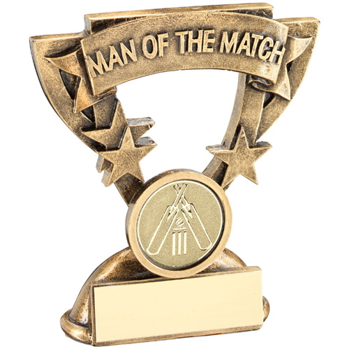 BRZ/GOLD MAN OF THE MATCH MINI CUP WITH CRICKET INSERT AND PLATE 