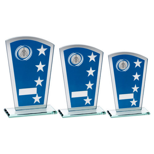 BLUE/SILVER PRINTED GLASS SHIELD WITH CRICKET INSERT TROPHY