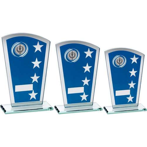 BLUE/SILV PRINTED GLASS SHIELD WITH WREATH/STAR DESIGN TROPHY